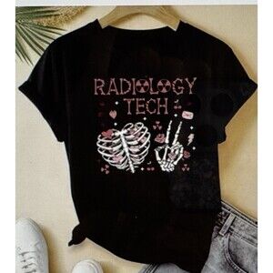 Black Graphic Skeleton Print Crew Neck Short Sleeve T-Shirt Women's Casual